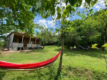 The image depicts a serene backyard scene with a hammock, trees, and a house, featuring people in the background enjoying the outdoors on a sunny day.
