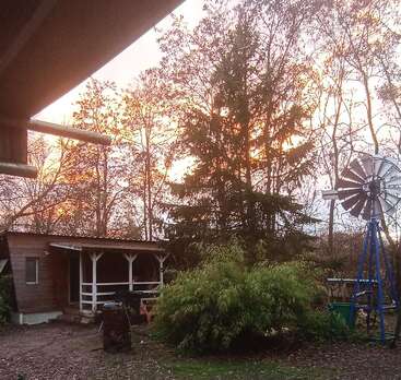 A rustic yard at sunset features a wooden shed, green foliage, a windmill, and tall trees silhouetted against a glowing, colorful sky. Peaceful countryside setting.