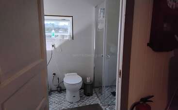A small bathroom with patterned floor tiles, a white toilet, glass shower, window, cleaning supplies, and a toilet brush. The partial door and fire extinguisher are visible.