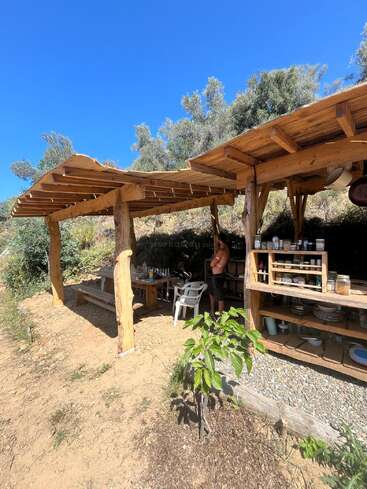 Une cuisine extérieure rustique avec des structures en bois, des étagères ouvertes remplies de plats et de bocaux, des chaises blanches, des bancs, entourée de verdure et d'arbres, sous un ciel bleu clair.