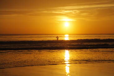 Un coucher de soleil doré jette une lumière chaude sur l'océan. Un surfeur solitaire se tient dans les vagues, silhouetté, reflétant la solitude paisible et la beauté naturelle.