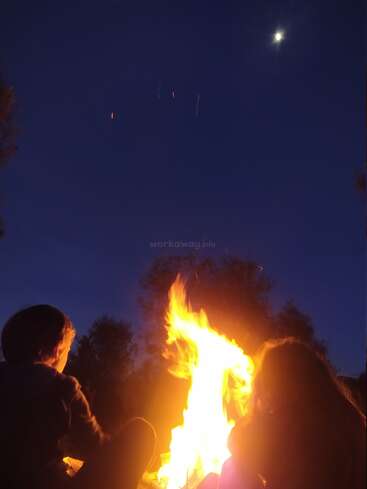 Das Bild zeigt eine ruhige nächtliche Szene mit zwei Personen, die auf ein leuchtendes Feuer blicken, vor einem Hintergrund aus Bäumen und einem klaren, dunkelblauen Himmel.