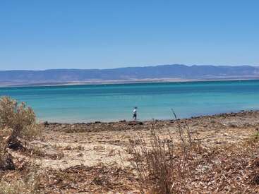 Uma cena tranquila de praia com águas cristalinas de cor turquesa, uma pessoa solitária perto da costa, vegetação seca em primeiro plano e montanhas distantes sob um céu azul brilhante.