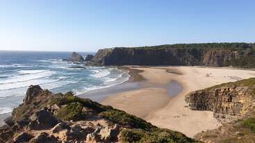 L'image représente une scène côtière sereine, avec une étendue d'eau tranquille, une plage de sable et une végétation luxuriante, évoquant un sentiment de paix et de beauté naturelle.