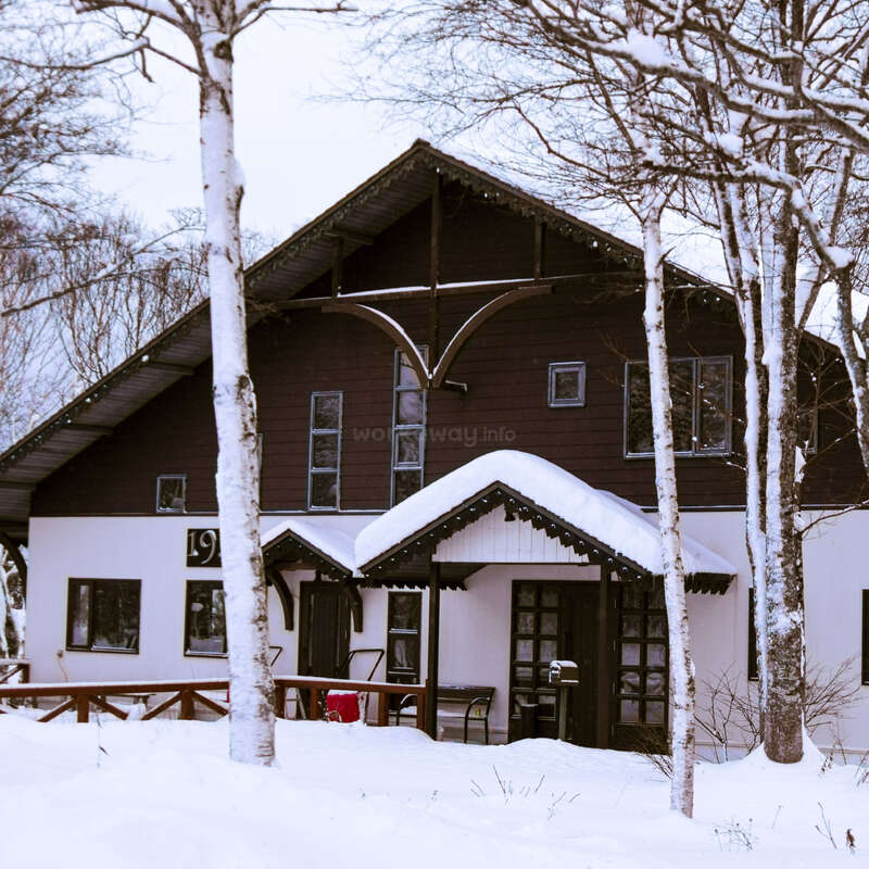 The image depicts a large house with a gable roof, featuring a prominent chimney and a large porch, surrounded by trees and bushes, with a large yard and a driveway.