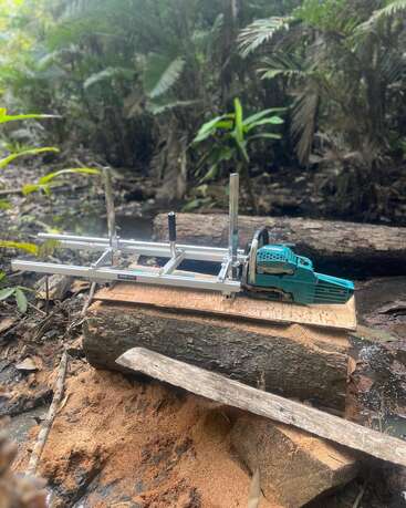 Una sierra mecánica está cortando un tronco para convertirlo en madera en un bosque frondoso. El suelo está cubierto de serrín, mientras que una exuberante vegetación rodea la escena.