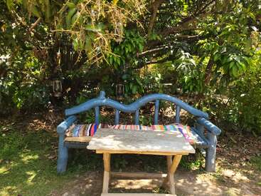 Um banco de madeira azul rústico com uma capa de assento de tecido colorido fica à sombra de árvores frondosas, acompanhado de uma mesa de madeira simples, criando um ambiente aconchegante ao ar livre.