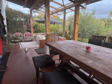 A cozy covered patio features a wooden dining table, cushioned chairs, potted plants, a small white dog, and garden views, creating a welcoming outdoor space.