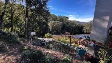 Una tranquila escena de jardín con árboles, luz solar, un pequeño sendero, un invernadero, herramientas de jardinería, regaderas, plantas y montañas al fondo bajo un cielo azul.