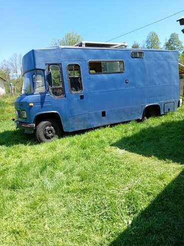 A large blue camper van is parked on green grass under a clear blue sky, surrounded by trees and a rural setting, with windows and solar panels visible.