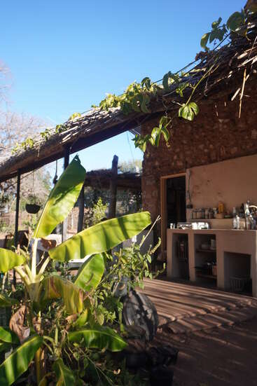 Uma cozinha externa rústica com telhado de palha e paredes de pedra, cercada por plantas verdes exuberantes e folhas de bananeira, banhada pela luz do sol. Atmosfera tranquila.
