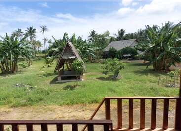 A serene tropical landscape with lush green grass, banana trees, palm trees, a wooden gazebo hut, a house in the background, and bright blue sky.