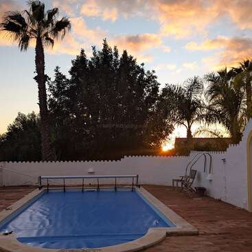 A serene backyard with a covered swimming pool, palm trees, and lounge chairs, set against a beautiful sunset sky with scattered clouds and warm light.