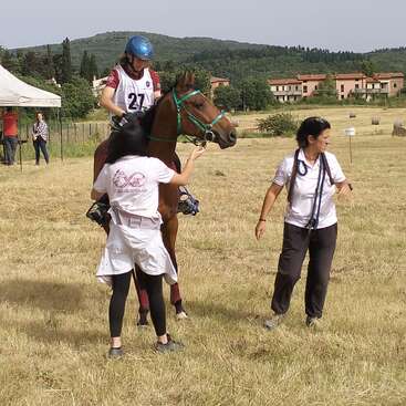 Das Bild zeigt eine Frau in einem weißen Hemd und schwarzen Leggings, die einem Jockey auf einem braunen Pferd auf einem Feld hilft, während eine zweite Frau in der Nähe geht.