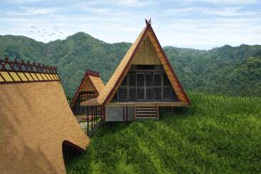A modern indigenous prototype home with traditional architectural elements, set in lush green hills, harmoniously blending sustainable design, cultural heritage, and contemporary living spaces.