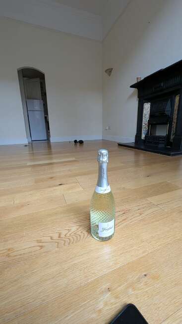 The image depicts an empty room with a fireplace, refrigerator, and champagne bottle on the floor, featuring white walls and light-colored wood floors.