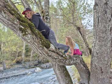 Two children climb mossy tree branches above a flowing stream in a forest setting. One wears a cap and hoodie, and both appear adventurous and playful.