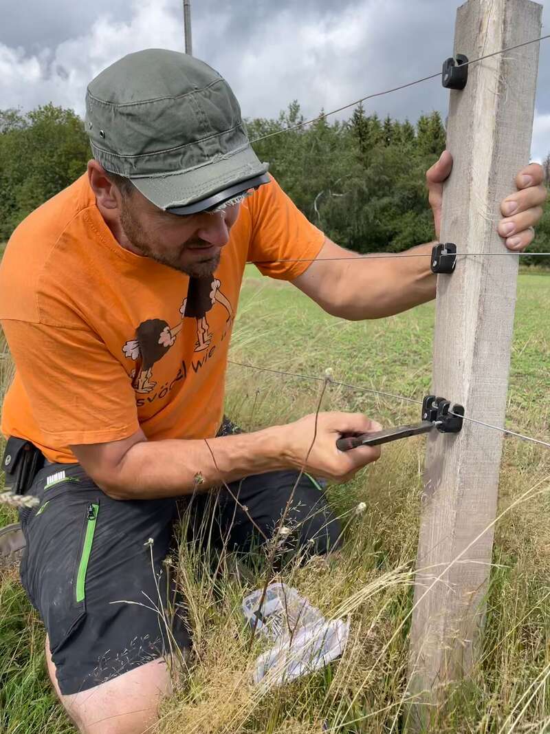 A imagem mostra um homem consertando uma cerca em um campo, usando uma camiseta laranja e um boné verde, com um poste de madeira e uma cerca de arame em primeiro plano.