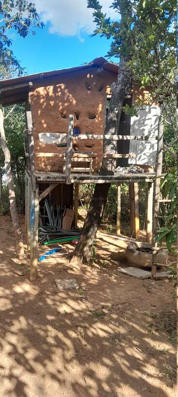 Una rústica casa en un árbol, construida con materiales naturales, se alza entre los árboles y cuenta con un pequeño balcón, barandillas de madera, un columpio de neumático y objetos esparcidos a sus pies.