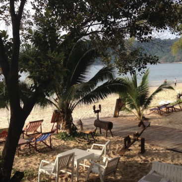 L'image représente une scène de plage sereine avec des palmiers, des chaises longues et une terrasse en bois avec un grill et des tables, sur fond d'océan tranquille.