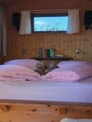 Un acogedor dormitorio en una cabaña de madera con cama de matrimonio, ropa de cama de cuadros rosas, toallas enrolladas, libros en una estantería y una ventana que deja ver un cielo azul brillante.