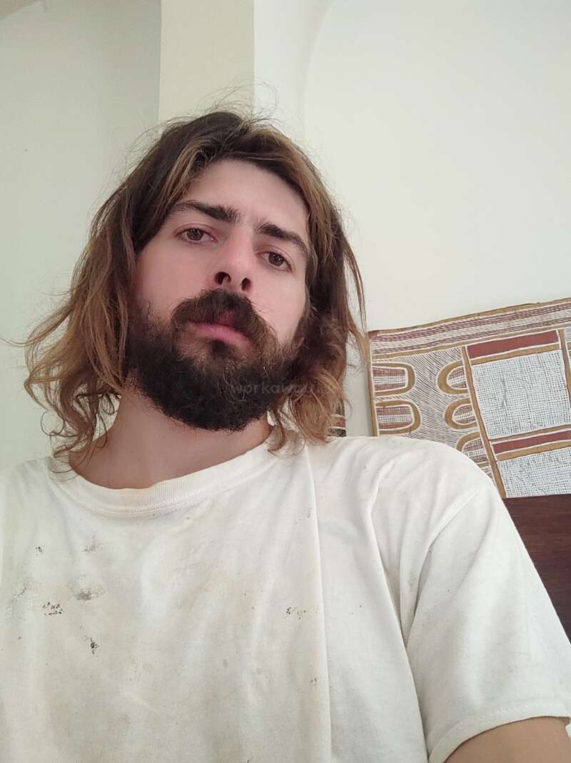 The image depicts a man with long brown hair and a white t-shirt, standing in front of a white wall with a painting on it.