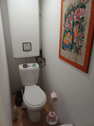 Das kleine Badezimmer ist mit einer Toilette, rosa Toilettenpapier, einem Warmwasserbereiter darüber, einem Lufterfrischer, einem Katzenklo und bunten gerahmten Bildern an der Wand ausgestattet.