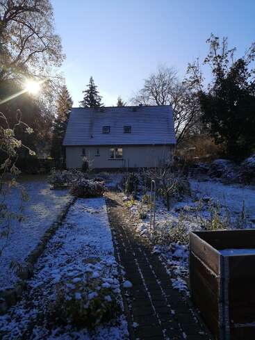 A imagem mostra uma cena serena de inverno com uma casa com telhado de neve, cercada por árvores e um jardim coberto de neve, banhada pelo brilho quente da luz do sol.