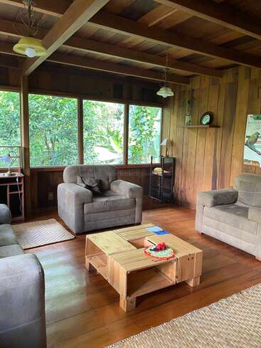 This cozy wooden living room has large windows showcasing lush greenery, gray armchairs, a rustic coffee table, soft lighting, and nature-themed decor, creating a tranquil atmosphere.
