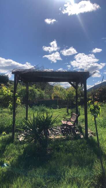 L'image représente un cadre extérieur serein, avec une pergola en bois au toit de chaume, une chaise et de la verdure luxuriante, le tout sur fond de ciel bleu vif avec des nuages blancs.