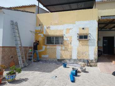 Un homme peint l'extérieur d'une maison, debout sur une échelle, un pot de peinture et un pinceau à la main, entouré de seaux et d'outils.