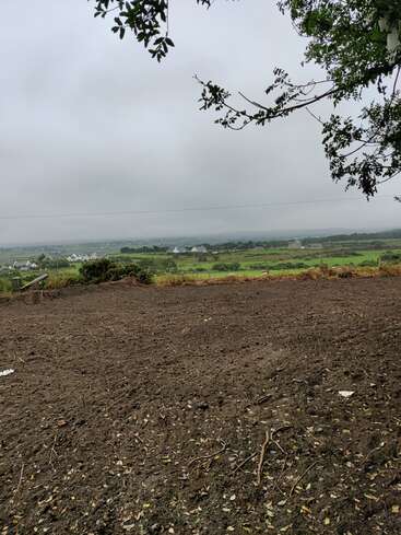 The image depicts a vast, barren field of dirt with scattered twigs and leaves, set against a backdrop of distant houses and a hazy sky.