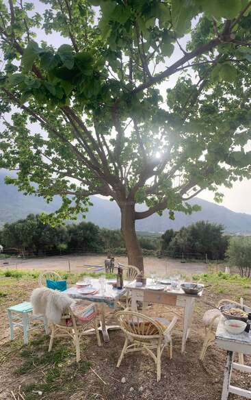 A imagem mostra um ambiente sereno de jantar ao ar livre, com uma mesa com cadeiras e uma árvore ao fundo, em uma pitoresca paisagem montanhosa.