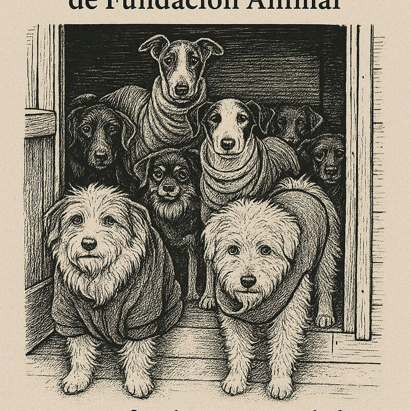 Esta imagen es un dibujo detallado que muestra a un grupo de perros con jerseys de pie a la entrada de un refugio. El texto dice "Refugio Animal de Fundación Animal".