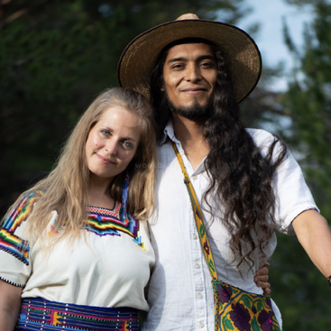 Un couple souriant se tient à l'extérieur, vêtu de vêtements colorés de style traditionnel. La femme a de longs cheveux blonds, l'homme porte un chapeau à large bord ; ils ont l'air heureux ensemble.