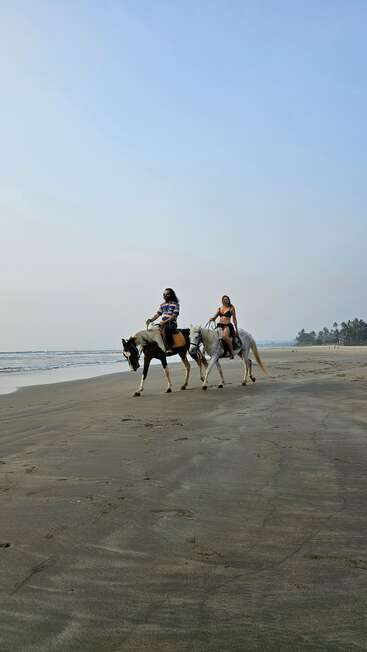 Deux personnes montent à cheval le long d'une plage tranquille, avec des empreintes de pas dans le sable. Le ciel est dégagé et la mer est calme, ce qui crée une scène paisible.