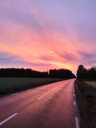 A long, empty road stretches towards a dark forest, illuminated by a breathtaking pink and orange sunset sky, creating a calm, serene, and reflective atmosphere.