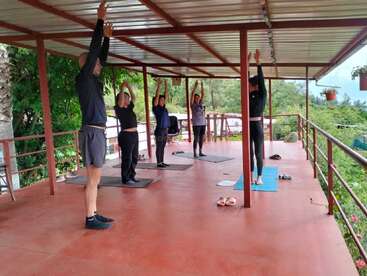 Fünf Leute machen Yoga auf einer offenen, überdachten Terrasse mit rotem Boden, umgeben von viel Grün. Sie stehen alle auf Matten, haben die Arme hoch und machen ihre Übungen.
