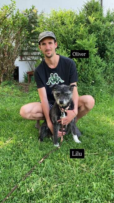 Um homem chamado Oliver está agachado na grama verde, segurando gentilmente uma cadela preta e cinza chamada Lilu. Eles estão ao ar livre, cercados por arbustos e vegetação. Dia ensolarado.