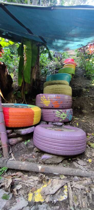 Un sendero de jardín, creado con gran ingenio a partir de neumáticos reciclados pintados de colores vivos, está dispuesto a modo de escalones que suben por una pendiente, a la sombra de una lona azul y rodeado de una exuberante vegetación.