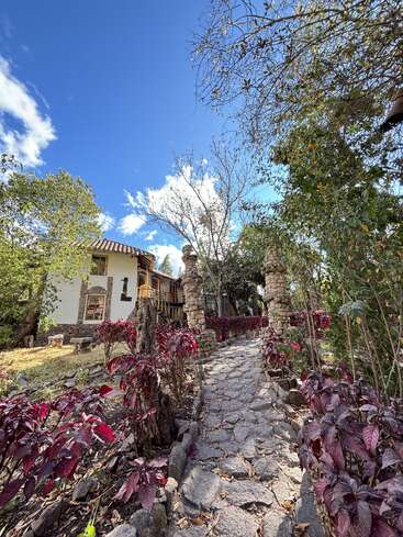 Um caminho de pedra leva você por entre plantas roxas vibrantes até uma casa rústica, cercada por árvores sob um céu azul brilhante com nuvens brancas espalhadas. Ambiente tranquilo.