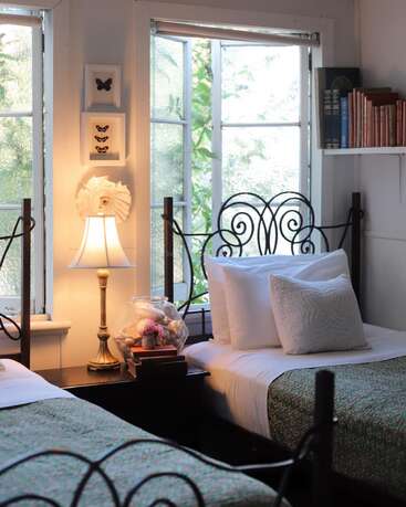 A cozy bedroom with two single beds, decorative pillows, an ornate lamp, books, butterfly art, large windows, and soft natural light creating a peaceful ambiance.