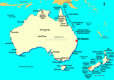 Das Bild zeigt eine Karte von Australien mit einem roten Stern, der Brisbane markiert, und konzentriert sich auf die Geografie des Landes und wichtige Orte.