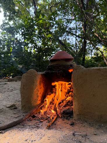 A traditional clay stove sits outdoors, burning wood with bright orange flames. Above, lush green trees create a natural canopy, creating a rustic, peaceful forest atmosphere.