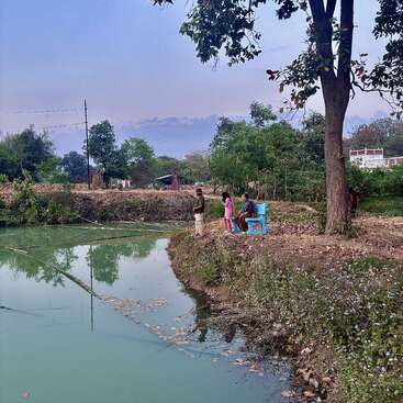 Three people stand by a pond’s edge, near a large tree. Nature surrounds them, reflecting greenery in the water. The sky is clear and peaceful.