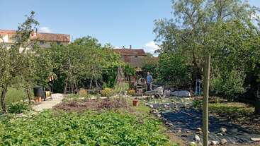 A lush garden with green plants, trees, and a person working beside a wheelbarrow. Small structures and a house with red roofs are visible behind. Peaceful setting.