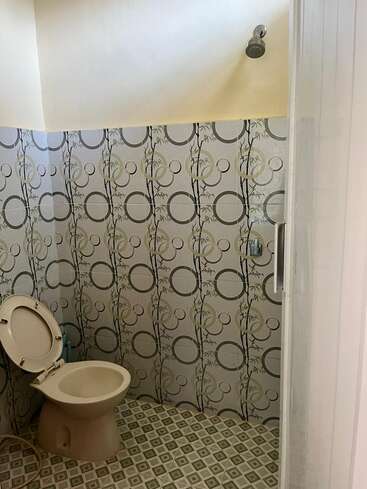 Esta imagem mostra um banheiro pequeno com um vaso sanitário, paredes revestidas com azulejos estampados com círculos e motivos de bambu, piso de azulejo e um chuveiro instalado na parte superior.