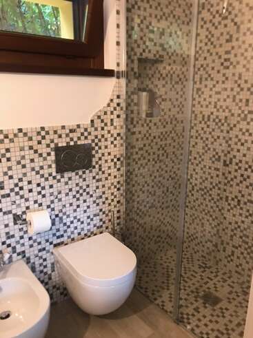 Cette image montre une salle de bains moderne avec des murs en mosaïque, des toilettes murales, un bidet, une cabine de douche en verre, un porte-papier hygiénique et une fenêtre à cadre en bois.