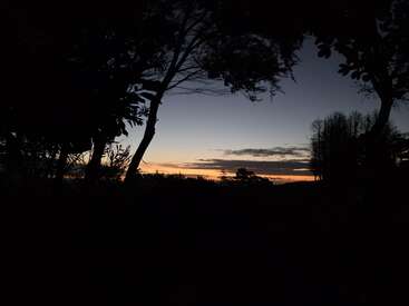 Silhouetted trees frame a tranquil sunset sky, fading from deep blue to golden orange. Wispy clouds float above a serene landscape, evoking peace and quiet reflection.
