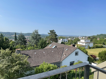 This image shows a scenic suburban view featuring houses with sloped roofs, lush green trees, a clear blue sky, and distant hills under bright sunlight.